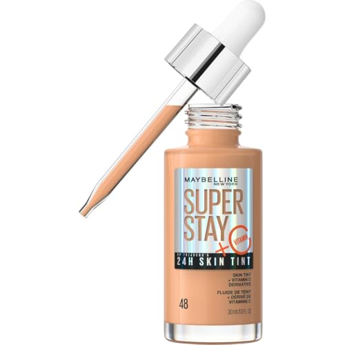 Maybelline New York,Base de maquillaje enriquecida con Vitamina C, Hasta 24H, Acabado luminoso, Superstay Skin Tint, Tono 48