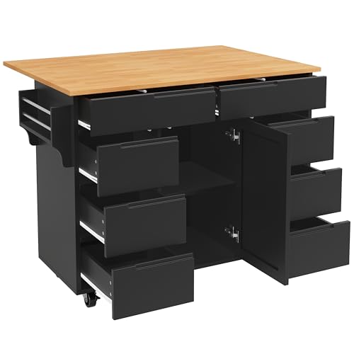 Idemon Moderna isla de cocina, armario de cocina, carrito de cocina extensible con ruedas y encimera, carrito de servir con estante para especias y 8 cajones, color negro - imagen 2