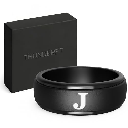 Bague initiale en silicone noir pour homme ThunderFit avec lettre personnalisée