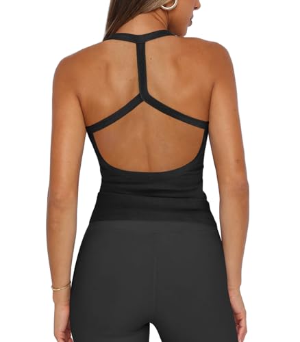 Halter Workout Tops for Women Racerback Ribbed Fitted Tank Tops Scoop Neck Split-Back Shirts for Yoga Athletic Sport