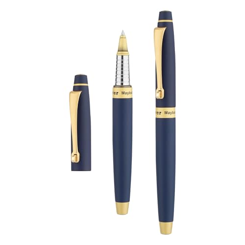 Image of Oliver Maybach Matte Navy Blue & Brush Gold Rollerball Pen - Premium Brass Body, Schmidt 0.6mm Refill, Gold Clip | NLB Gift Box