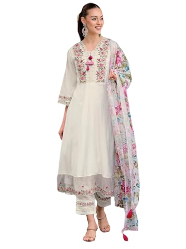 The Red Lion Enterprise women Anarkali Suit Alia cut kurti pant and Dupatta 3pc set salwar suit (US, Alpha, Large, Regular, Regular, White)