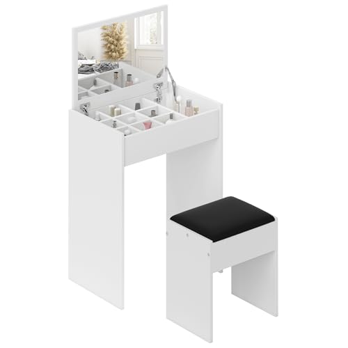 DIMENSIONE: dimensioni del tavolo da trucco con specchio: Tavolo da toletta: 60.2L x 40.2Px 79A cm, sgabello: 40L x 30P x 40A cm, specchio: 50.8L x 32P cm.