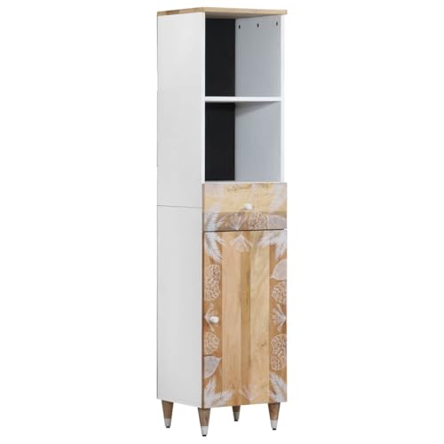 Runheo Armario de baño de 38 x 33,5 x 160 cm, madera maciza de mango, armario de baño con puerta, cajón, estante, diseño robusto para ordenar, vetas de madera natural, armario bajo lavabo