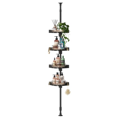 Image of akinbas 360 Rotating Shower Caddy Tension Pole with 4-Tier Rustproof Lazy Susan 35-128 Inch No Drilling Coner Shelves Adjustable Shower Rack for Bathroom Bathtub Washbasin Plant Storage (Black+Gold)