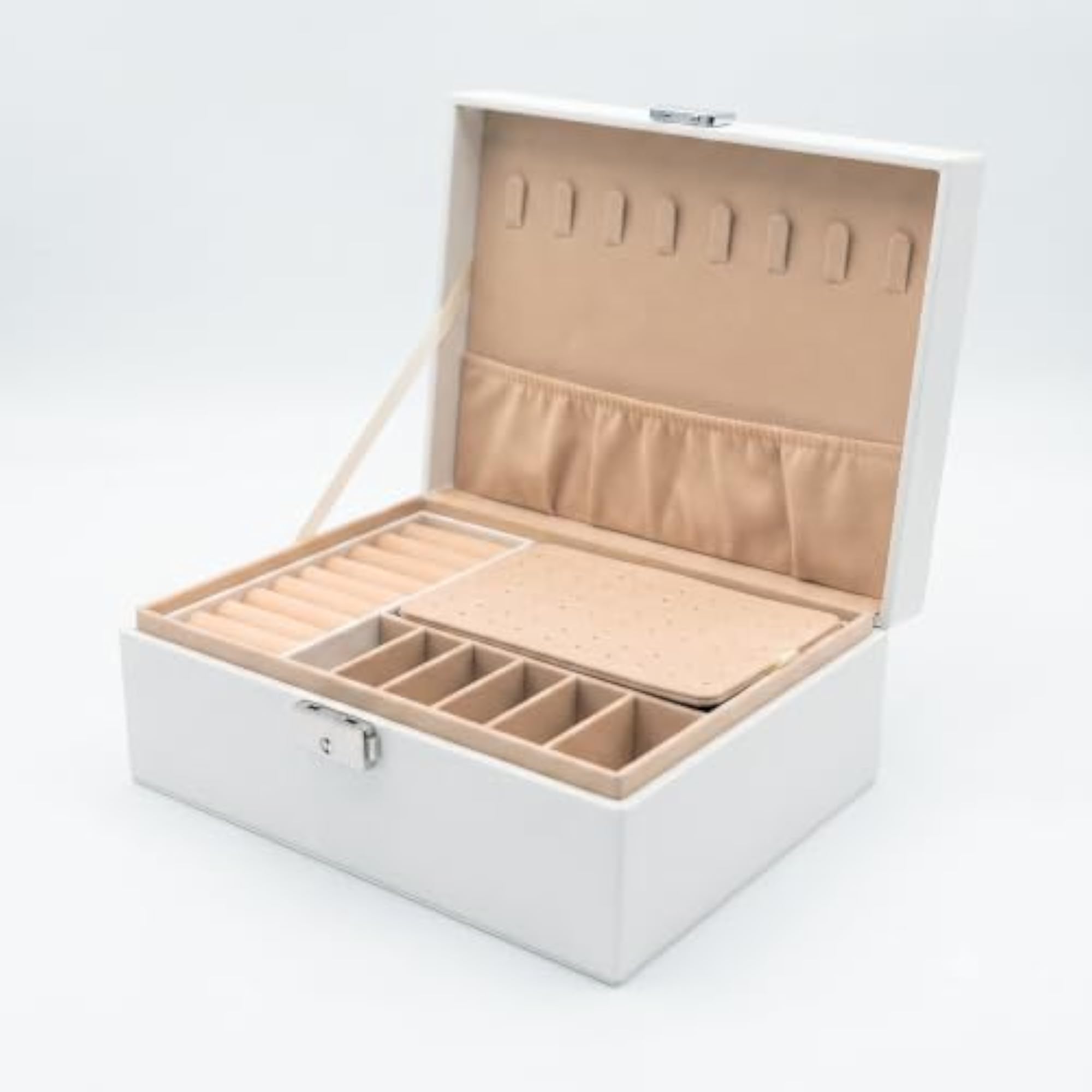 Lockable Jewelry Organizer Box for Women, 2 Layer PU Leather