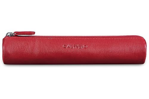Image of Calfnero Genuine Leather Pen-Case for Men & Women | Premium Leather Pencil-Pouch with Zipper (Red) | Cylindrical Pen-Holder Organizer for Pen, Pencils & Stationery | Unisex Pen-Sleeve