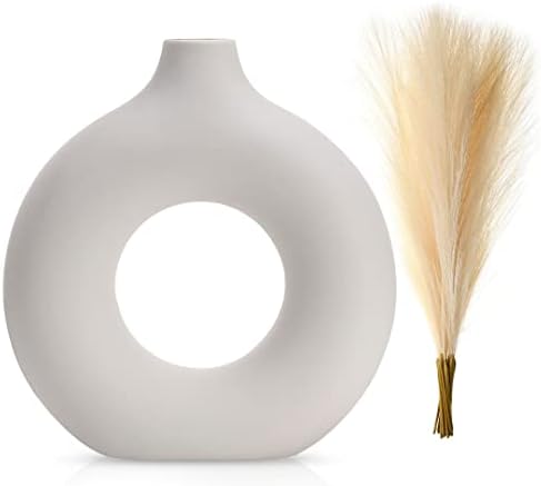 White Ceramic Vase, (13 PCS Total) + Includes Modern Pampas Grass Decor, Luxury Living Room Bedroom Bathroom, Modern Table Nordic Decorations, Donut House Office Bookshelf Boho Decorative Gift