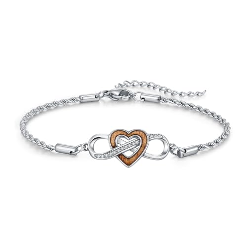 Bracelet infini argent 925 anti-allergie avec cœur et bois pour peaux sensibles