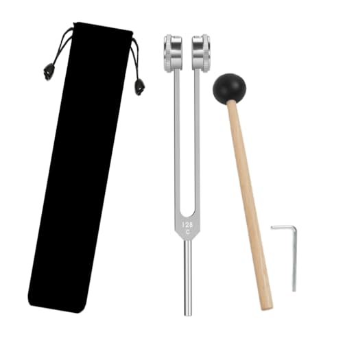 128 Hz Tuning Fork for Healing Chakra, Weighted Aluminum Alloy Fork with Silicone Reflex Hammer and Bag, Sound Therapy Meditation Musical Instrument