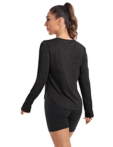 Yoetaun Womens Lightweight Exercise Shirts Long Sleeve Round Neck Loose Gym Workout Top Soft Sporty Tshirt Black S #TOP2