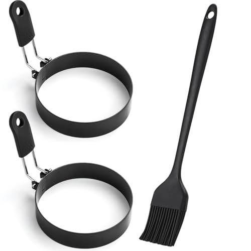 Eierring-Set aus Edelstahl, 8,9 cm, runde Eierform zum Braten und Grillen, mit Ölpinsel (2 Ringe, 1 Bürste)