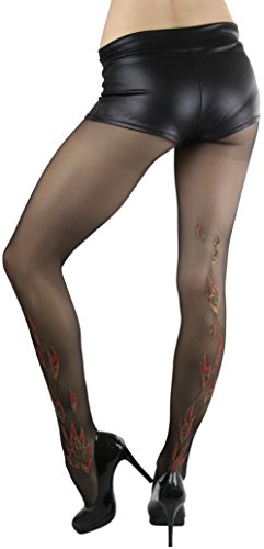 Image of ToBeInStyle Women's Flame Burning Fire Tights w /Devil-Inspired Print Hosiery