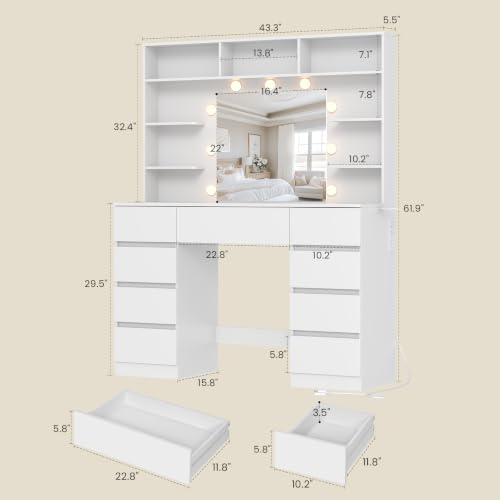 Image of Vanity Desk with Mirror and Lights,43 inch Makeup Vanity Table with 9 Drawers and 7 Storage Shelves, Power Outlet & Adjustable LED Lights, Dressing Table for Bedroom,White