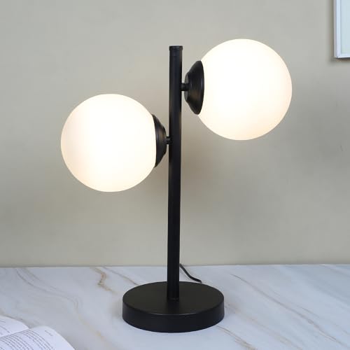 Image of tu casa Black Metal Table Lamp | Dual White Glass Shades | Durable Metal Construction | Modern Home Decor | Without Bulb | Ambient Lighting for Bedroom, Living Room, Lounge, Office & Festival Gifting