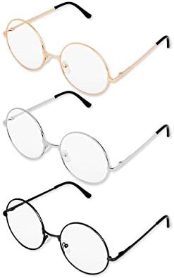 PLAY BLING Large 2-Inch Metal Frame Round Glasses Set of 3 Clear Lens Glasses Lightweight Circle Eyeglasses for Women Men