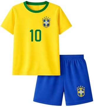 Conjunto Infantil de Futebol, Amarelo e Azul, Camiseta Número 10 com Shorts, Tema Copa do Mundo, para Crianças