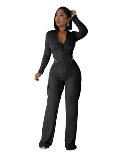 Molilove Womens 2 Piece Outfits Casual Ribbed Long Sleeve Bodysuit High Waist Wide Leg Cargo Pants Sets Fall Y2K Streetwear4
