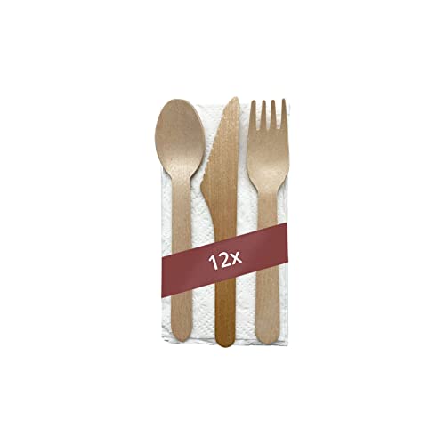 LUXENTU 12x Einweg-Besteck 4-teilig, aus Holz FSC® 100% wachsbeschichtet, Bio-Besteckset aus Gabel, Messer, Löffel & Serviette Cover