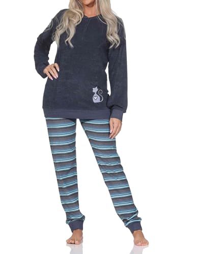 Normann Damen Frottee Pyjama mit Bündchen + niedliches Tier-Motiv - auch in Übergröße Farbe:blau-Mel. Größe:40-42