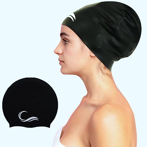 Long Hair Dreadlock Swim Cap – Silicone Swimming L Cap - Waterproof Black Large