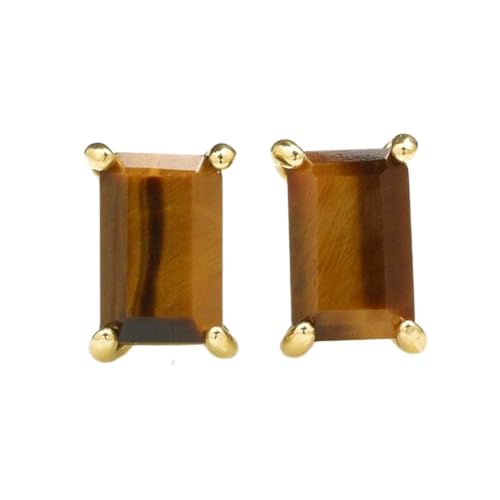 Boucles d'oreilles œil de tigre naturel argent doré pendantes rectangulaires femme
