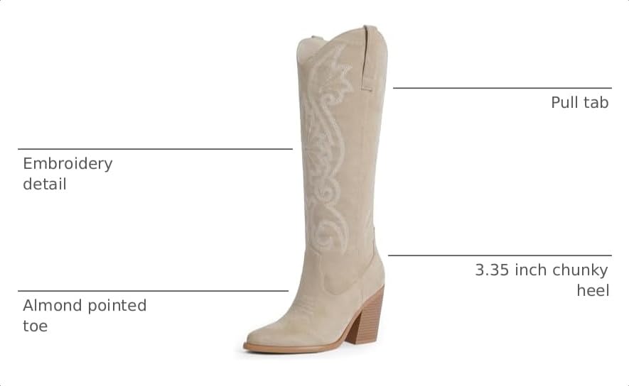 Image of Modatope Knee High Cowboy Cowgirl Boots Embroidered Tall Western Boots for Women with Block Chunky Heel Pointed Toe and Slip on Design