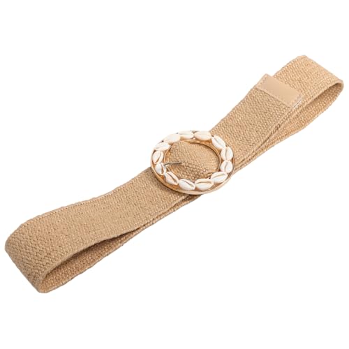 NOLITOY Bohemian Woven Elastic Belt with Natural Round Buckle and Shell Decoration Stretchy Comfortable Waistband for Vacation Dresses and Casual Outfits