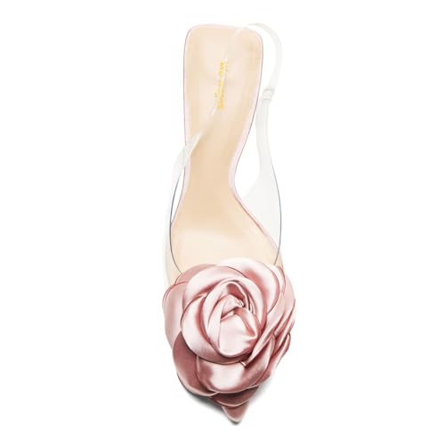 Women Elegant Pointed Toe Clear Slingback Strap Pumps Flowers Slip On Low Kitten Heel Shoes Evening Party Dress Size 4-16 US4