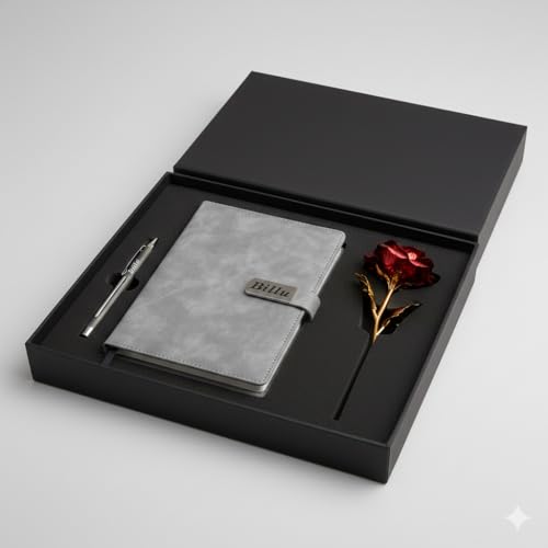 Image of Personalized Diary & Pen Gift Set with Name Engraving | Leather Diary Combo with Decorative Rose | Customizable Gift for Birthday, Anniversary, Valetine & Special Occasions (Grey)