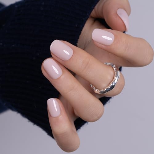Image of Curvlife Press on Nails Milky White Short Square Acrylic Fake Nails with Apricot Design Full Cover Glossy Nude Glue on Nails Artificial for Women 30Pcs
