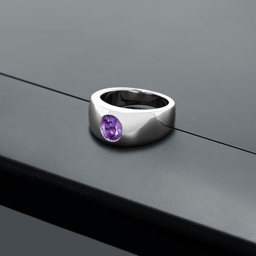 Gem Stone King Men's 925 Sterling Silver Purple Amethyst Ring | 1.15 Cttw | Oval 8X6MM | Gemstone February Birthstone | Available in Size 7,8,9,10,11,12,133