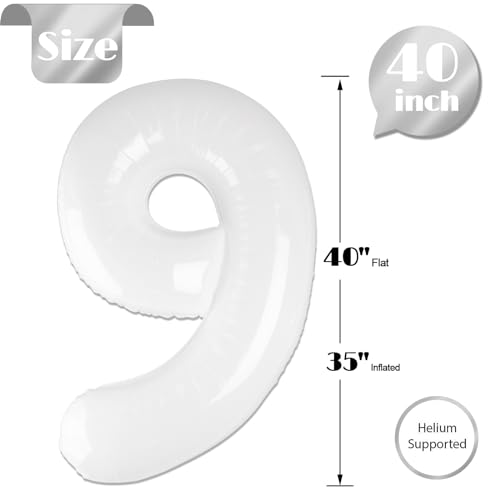 Image of White 9 Balloon, Translucent Number Balloons 40 Inch, 9th Giant Birthday Decorations, 19th 29th White Party Decorations Supplies, Number 9 Balloon