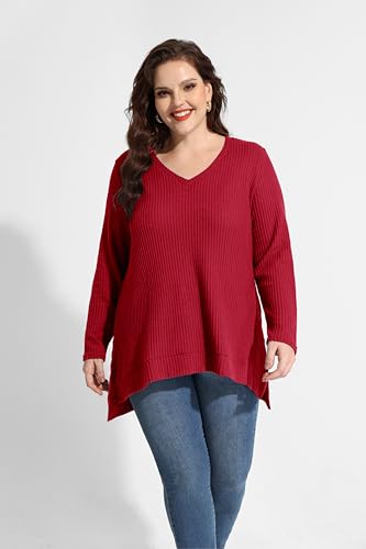 Image of RITERA Plus Size Women Sweaters Waffle Knit Pullover Top Long Sleeve Casual Crewneck Shirt Loose Split Hem Fall Winter Blouse