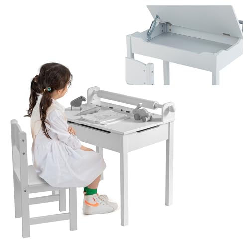 LIFEZEAL Juego de Mesa y Silla Infantil, pupitre Escolar con Silla y cajón, Escritorio con Tablero Plegable y portarrollos de Papel, Conjunto de pupitre para niños de 3 a 12 años (Gris)