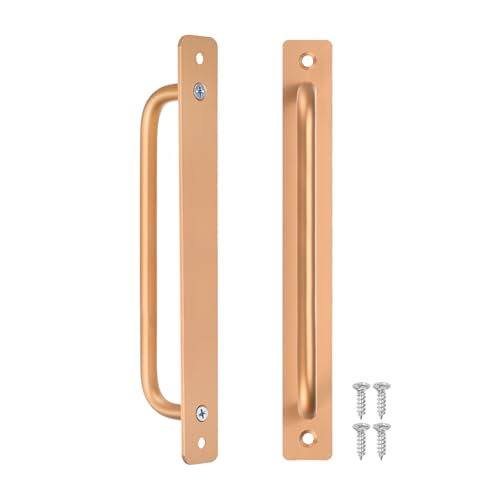 Image of M METERXITY 2-Pack Barn Door Handles, 7.56Inch /192mm Hole Center Aluminium Alloy Gate Handle with Mounting Screws for Bathroom /Wardrobe /Closet /Kitchen, Sliding Door Handle with Plate [Gold]