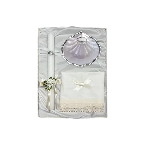 Coquillage baptismal en nacre et argent avec son linge en lin traditionnel