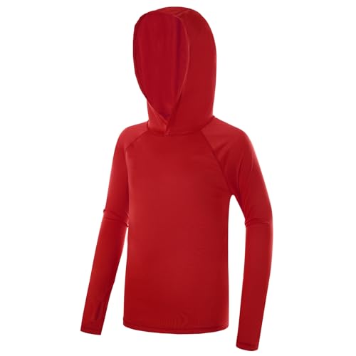 Poekuao Boys Rash Guard Hoodie UPF 50+ Sun Protection Long Sleeve Swim Shirt Quick Dry Kids SPF Surfing Fishing Water Beach Shirts Red S