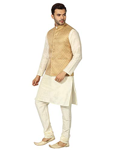 Image of Uri and MacKenzie Men's Silk Blend Regular Kurta Churidar Pyjama with Bundi Nehru Jacket /Waistcoat