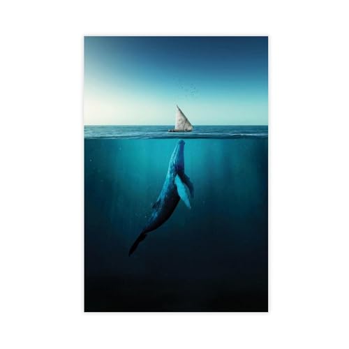 Póster artístico de ballena y vela en lienzo, decoración de dormitorio, paisaje, oficina, habitación, regalo, 20 x 30 cm