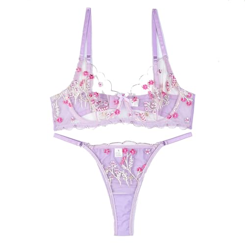Women Floral Embroidered Lingerie Set Sheer Mesh Bra and Panty Set See Through Scallop Trim Underwear Boudoir Outfits Purple