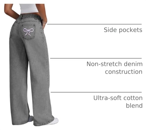Image of Jeans for Girls Baggy Wide Leg Cute Bow High Elastic Waisted Denim Pants Y2K Boyfriend Skater Streetwear 7-14Y