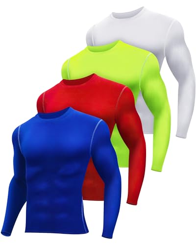 Hicarer 4 Pack Compression Shirts for Men Long Sleeve - Workout Base Layer Undershirt Top for Athletic Gym Running(X-Large,Red, Green, Blue, White)