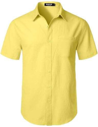 JEMITOP Men's Stretch Wrinkle Free Short Sleeve Texture Shirts Summer Casual Stylish Lightweight Button Down Beach Vacation Shirt Yellow L