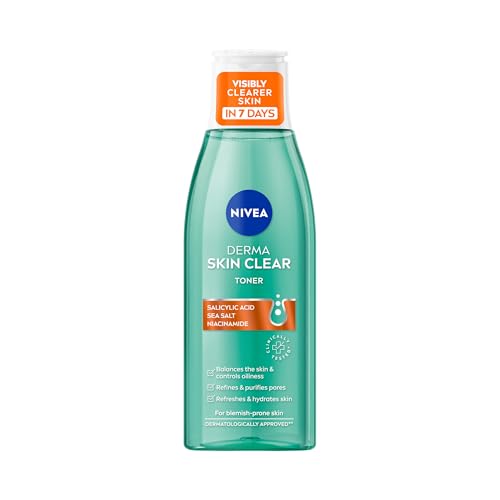 NIVEA Derma Skin Clear Toner (200 ml), tónico limpiador e hidratante, tónico de ácido salicílico enriquecido con niacinamida para reequilibrar la piel y eliminar impurezas