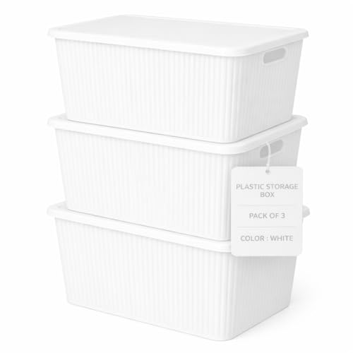 Image of Plastic Storage Box with Lid - Large Stackable Organizer Storage Box for Clothes, Toys, Kitchen - Big Size Plastic Storage Container Basket for Home, Office, Bathroom(Large,Pack of 3,White)