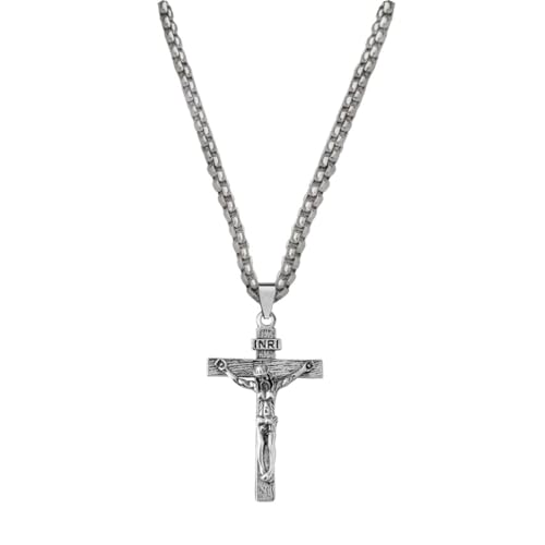 Image of M Men Style Religious Lord Jesus Christ Cross Silver Stainless Steel Pendant Necklace Chain for Men and Women