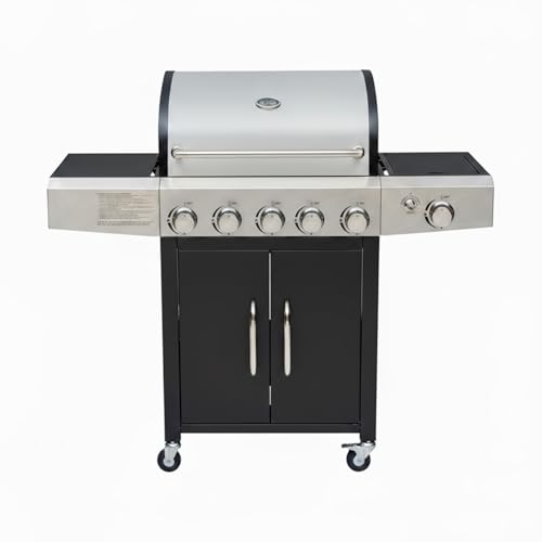Barbecue a Gas Professionale XXL Da 19 kW con 6 Bruciatori in Acciaio Inox 304 Con Fuoco Laterale Termometro Coperchio Doppio Griglia Di Cottura 70 x 42 Cm Scaldavivande Ruote 140 × 50 × 120 Cm Nero