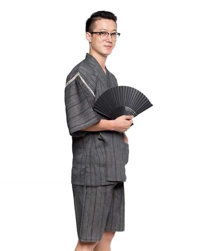 ZEALMAX Men's Japanese Style Kimono Pajamas, Cotton Linen Top and Shorts Suit, Loungewear Beach Wear Spa Bathrobe for Summer Autumn Multicolor2