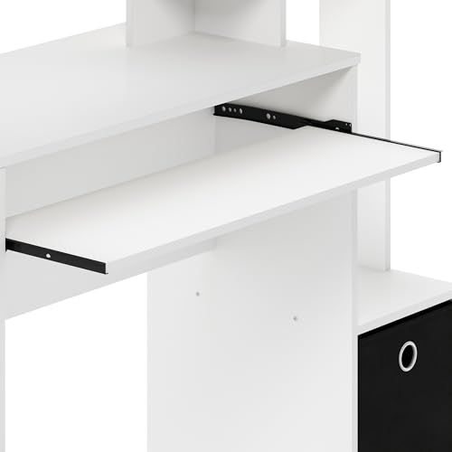 Image of Furinno ECON Desk, Gaming Desk with Keyboard Tray, Computer Desk, Office Desk with Side Shelves and Storage Bin for Home Office, Plain White